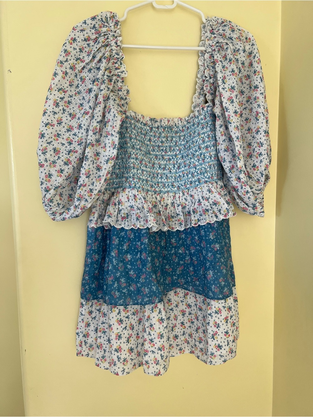LoveShackFancy Blue Floral Smocked Square-Neck Tiered Mini Dress - Picture 3 of 6